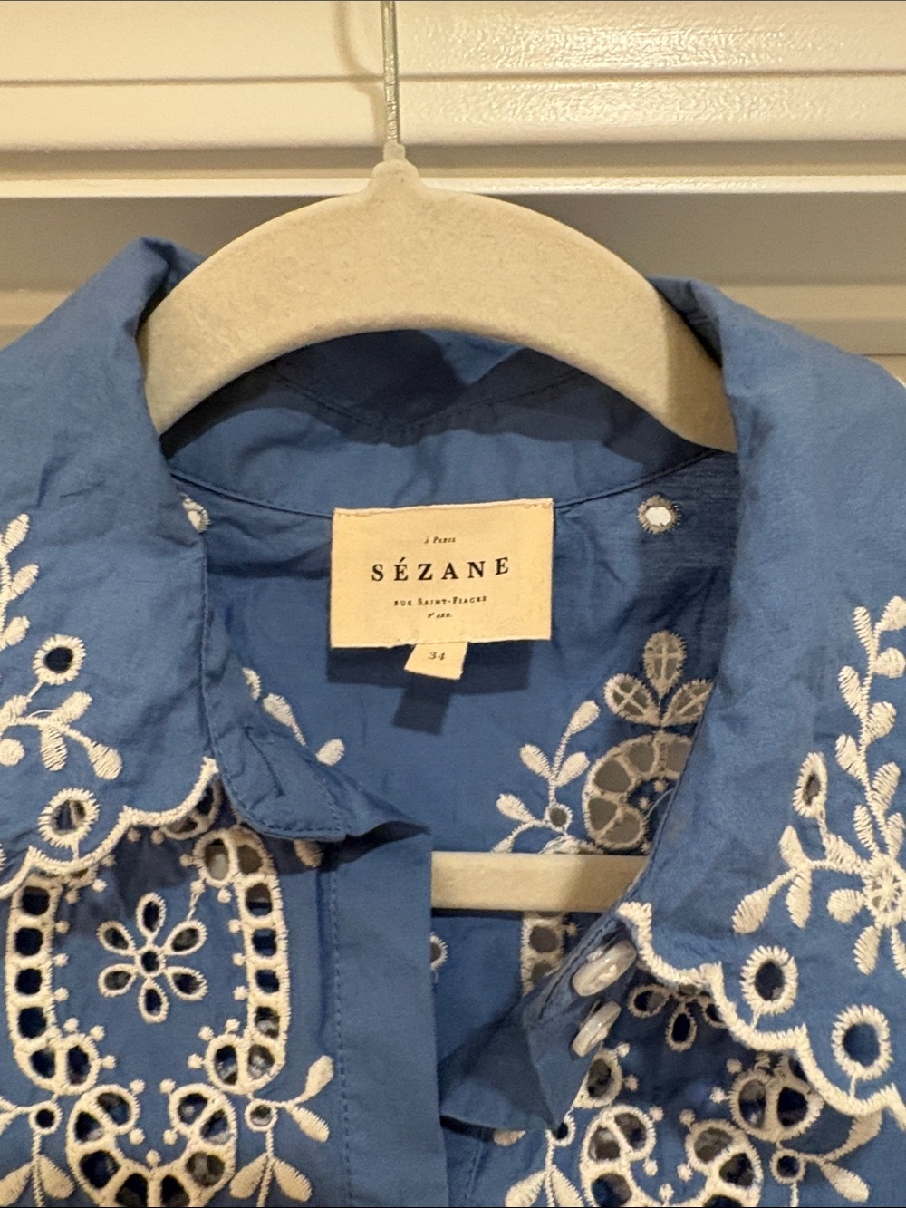Sezane Blue Eyelet Embroidered Short-Sleeve Button-Up Blouse - Picture 2 of 3